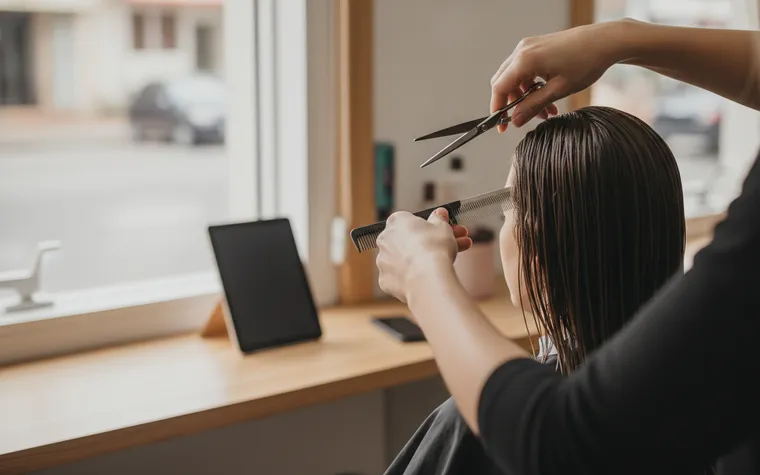 Mãos de cabeleireira cortando com tesoura uma mecha de cabelo molhado presa no pente, ao lado de uma janela com um tablet apoiado na bancada