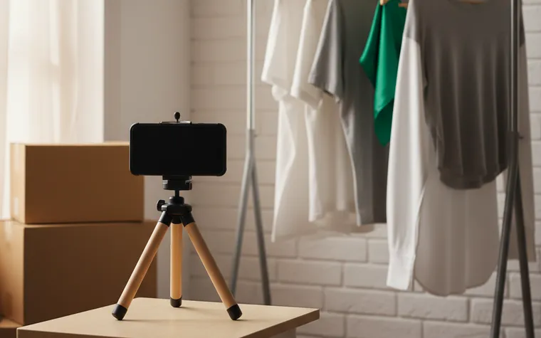 Celular de tela apagada preso num tripé de mesa apontado para uma arara de roupas lisas