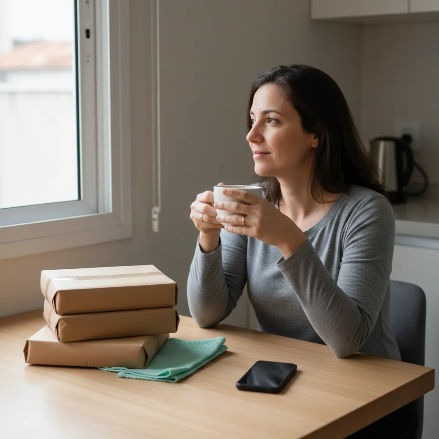 Lojista tomando café enquanto os pedidos esperam embalados