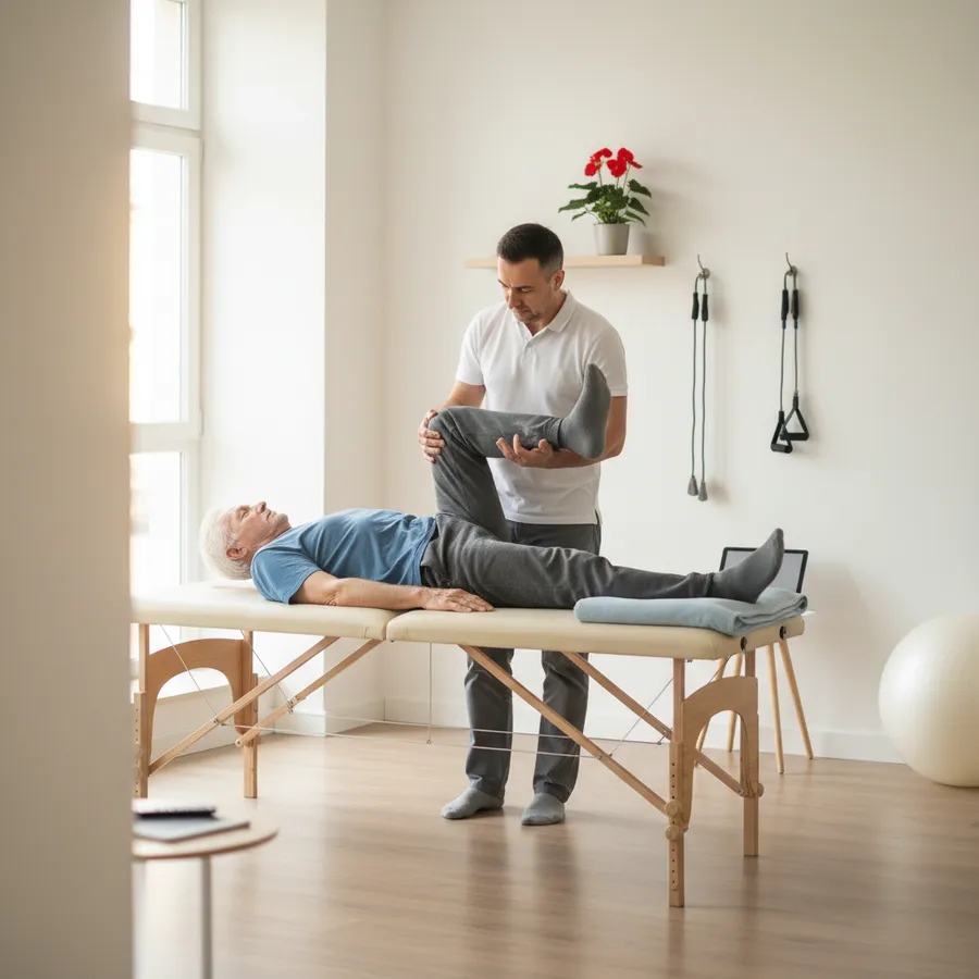 Fisioterapeuta alongando a perna de um paciente idoso deitado na maca, numa sala clara com bola de pilates, elásticos pendurados na parede e um vaso de flores vermelhas na prateleira